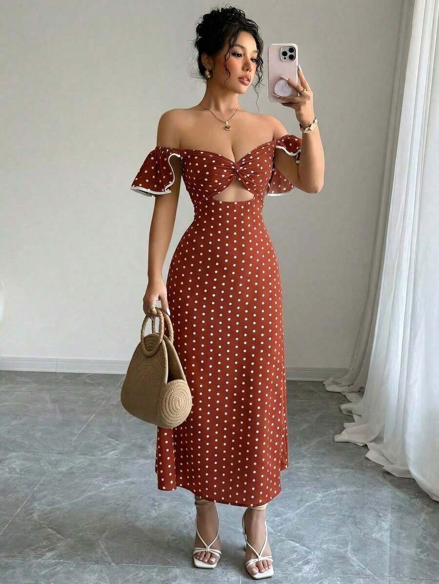 Vestido de estilo callejero elegante de mujer con lunares, hombros descubiertos y abertura en la cintura, ideal para vacaciones de verano - Marrón - Ver 1