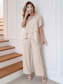 Conjunto informal de mujer con top de cuello redondo de unicolor y pantalones de pierna ancha - Albaricoque - Ver 4
