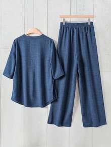 Camisa y pantalones de tela vaquera informal - Azul marino - Ver 2