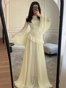 Summer Dresses For Women,Fashionable Slim-Fit Pure Desire Style High-End Round Neck Long Sleeve DressLoose And Comfortable Vestidos Elegantes De Mujer - 淡黃色 - 查看 4