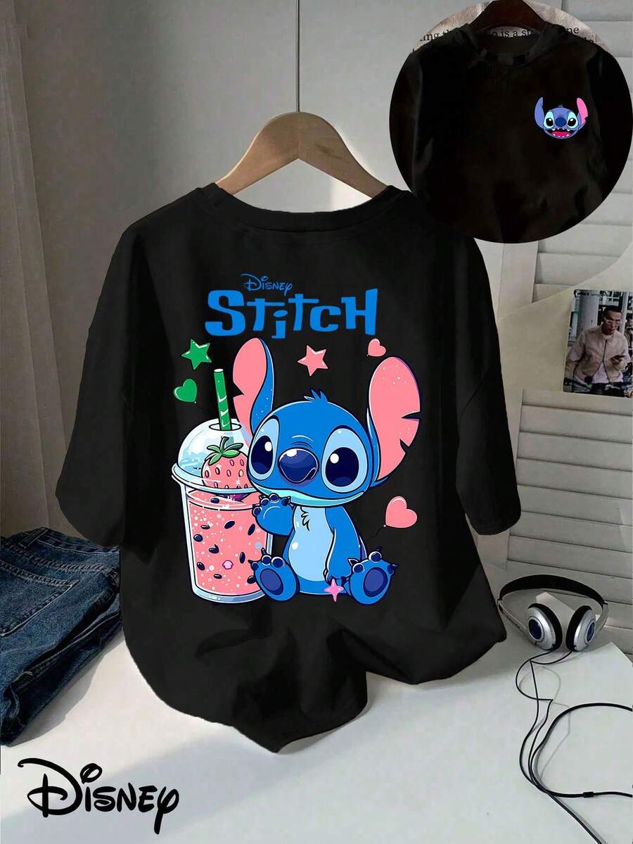 Disney Classic Cartoon T-Shirt With Stitch And Strawberry Milk Design, Double-Sided Print, Short-Sleeved Round-Neck Casual Top, Suitable For Summer And Spring, Short-Sleeved Top, Women's Clothing. - 黑色 - 查看 1