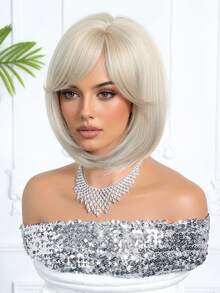 10 Inch Short Straight Bob Wig, Golden Color Highlights With Dark Roots, Suitable For Daily Makeup And Parties, High-Temperature Fiber Synthetic Hair - Blonde Ombre - View 4