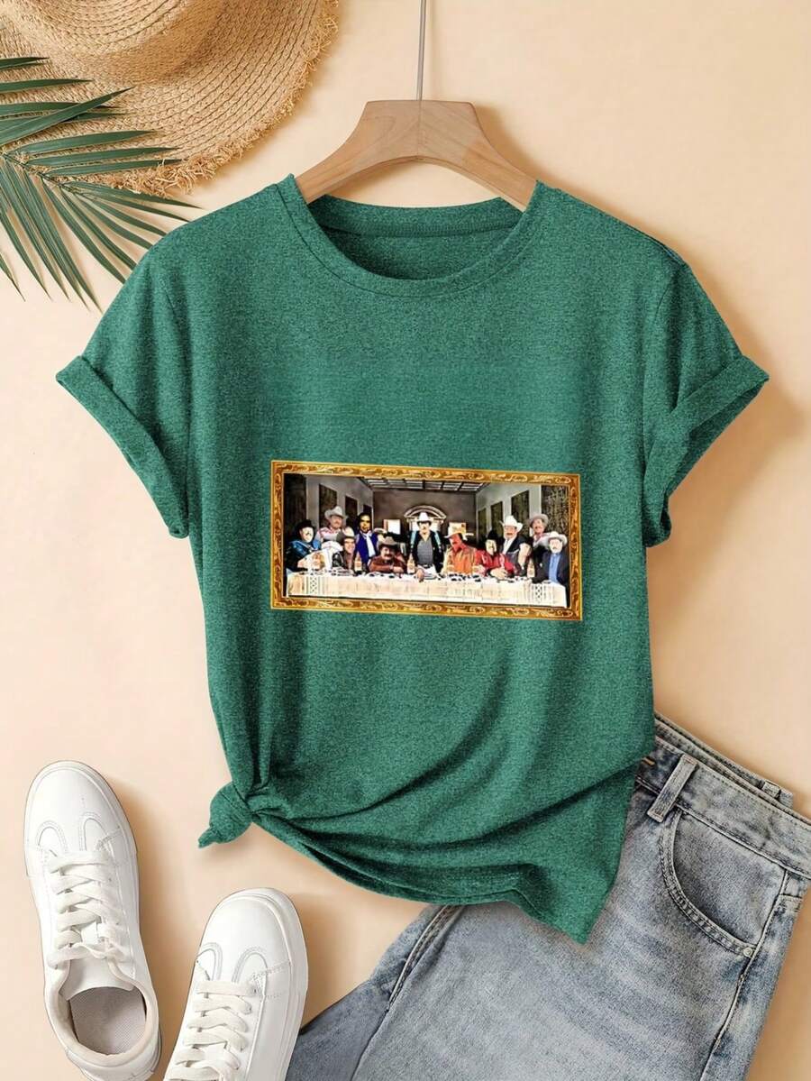 Last Supper Art Print Digital Print Short Sleeve Unisex Pure Cotton Loose And Comfortable - 綠色 - 查看 1