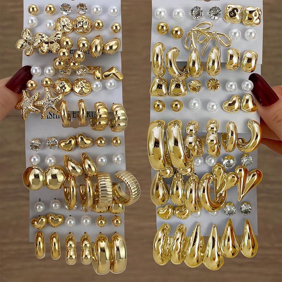 36/30/12pcs Random Golden & Silvery Elegant Versatile Metal Smooth Finish Fashion Earring Set - Yellow Gold - View 1