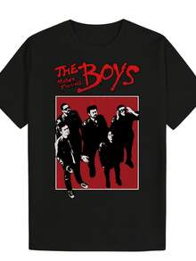 Camiseta Gráfica para Hombre "The Boys" con Texto Rojo Intenso y Diseño de Cuatro Figuras - Corte Holgado, Ligera, Cuello Redondo, para Uso Casual y Streetwear, Lavable a Máquina, Camiseta Negra para Todas las Temporadas - Negro - Ver 6