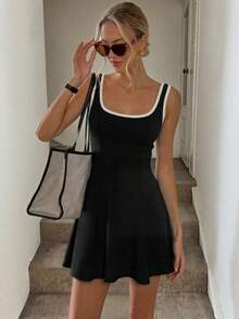 New Summer Sporty U-Neck Color Contrast Slim A-Line Tennis Dress - 黑色 - 查看 4