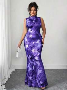 2025 Nuevo vestido midi elegante de cintura alta con estampado floral, cuello alto y sin mangas; Vestido midi de línea A con cintura ceñida y estampado floral; Vestido largo con volantes y estampado floral de estilo francés chic que estiliza la figura; Vestido de verano de estilo vacacional con cintura ceñida; Vestido de punto con estampado floral - Morado - Ver 3