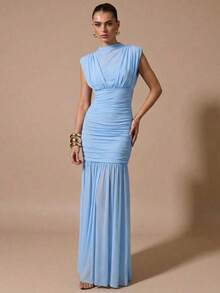 xheSHEIN  Vestido negro envolvente de gasa elegante con pliegues, adecuado para citas románticas, fiestas, eventos formales, vestidos de dama de honor, vestido de verano para mujer, vestido para té, Año Nuevo, Día de San Valentín, vestido mini de cumpleañosxhe - Celeste - Ver 3