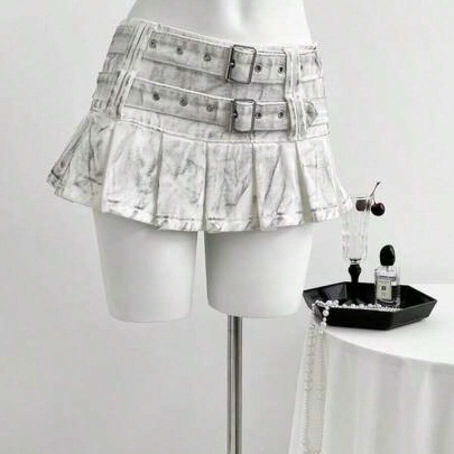 Nana's Women's Clothing Store  Minifalda de mezclilla vintage con doble cintura plisada y efecto desgastado - Blanco - Ver 1
