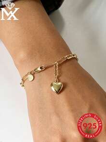 SYMFNY 1 chiếc vòng tay mặt dây chuyền hình trái tim tối giản bằng bạc sterling 925, món quà trang sức thanh lịch dành cho phụ nữ, thích hợp làm quà sinh nhật/kỷ niệm. - Vàng - Xem 2