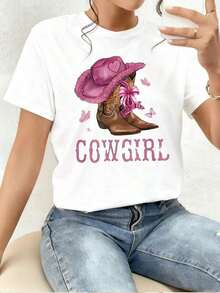 Women's T-Shirt With A Pink Denim Print. Original And Fun Design, Ideal For A Casual And Modern Look. Soft To The Touch, Comfortable, And Perfect For Everyday Wear. Express Yourself In Style! Elegant Blouses For Young Women. - 白色 - 查看 1