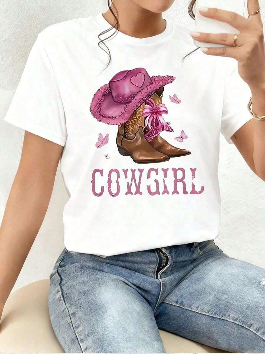 Women's T-Shirt With A Pink Denim Print. Original And Fun Design, Ideal For A Casual And Modern Look. Soft To The Touch, Comfortable, And Perfect For Everyday Wear. Express Yourself In Style! Elegant Blouses For Young Women. - 白色 - 查看 1