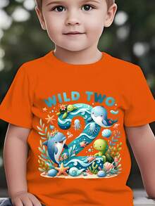 Fashionable 'Wild Two' Short-Sleeved T-Shirt For Children From The 'Birthday Series' Featuring Cartoon Prints Of Marine Animals Such As Dolphins, Turtles, Octopuses, Seahorses, Starfish And Shells, Suitable For Casual Outdoor Wear NY-DX9479 - 酒紅色 - 查看 6