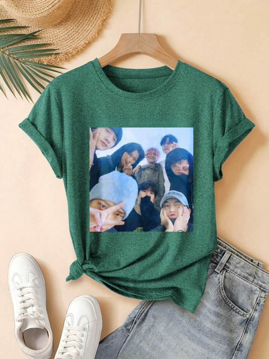 Diseño de Impresión de Foto de Grupo Estampado digital Manga corta Unisex Algodón puro Holgado y cómodo - Verde - Ver 1