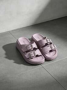 FZY Platform Slides For Women, Adjustable Buckle Glitter Straps, Comfortable Chunky Flatform Sandals, Non-Slip Open Toe Y2K Summer Slippers For Beach, - Purple P - View 5