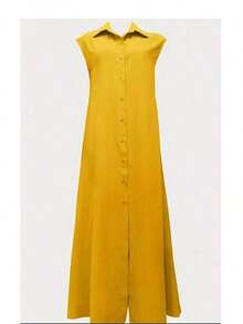 Vestido largo de verano elegante de unicolor con botones delanteros para uso casual y de oficina - Amarillo - Ver 3