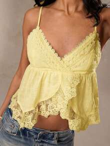 Parte superior de camisa de mujer de lino crema con encaje bordado, parches y volantes en el bajo, adecuada para usar como top de lino, top de vacaciones, top de playa, top casual, top lindo, top de verano - Amarillo - Ver 12