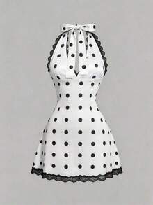 Vestido de satén con escote en V profundo y cuello halter de encaje, vestido de línea A sin espalda, versátil para viajes y vacaciones - Azul - Ver 7