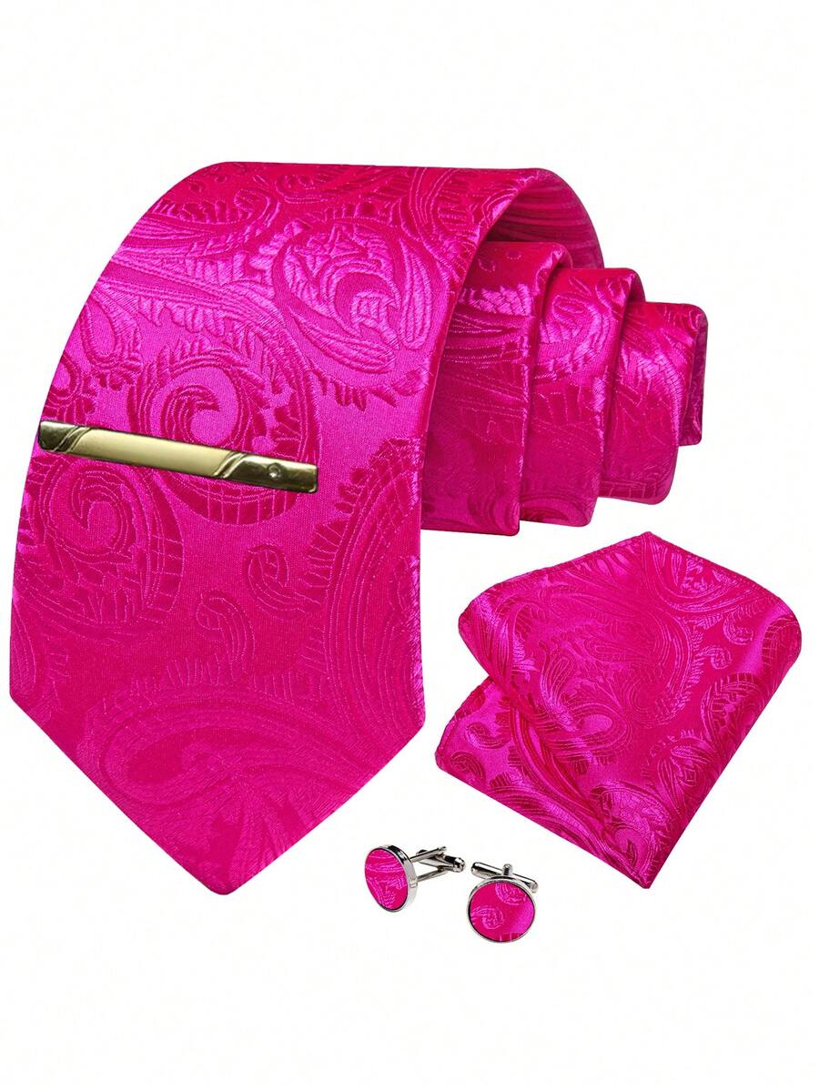 Men's Tie Set - Rose Pink Paisley Tie With Pocket Square, Cufflinks And Gold Tie Clip, Bold Formal Tie Suitable For Celebration Occasions - Rose Red - View 1