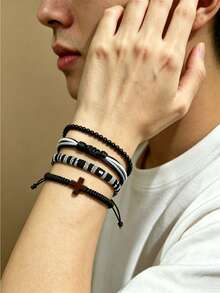 4 piezas Pulsera trenzada negra para hombres, pulseras apilables ajustables con cuentas en forma de cruz, adecuadas para uso diario - Conjunto de pulsera de cuentas - Ver 3