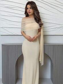 Vestido de gasa con cuello asimétrico y empalme de unicolor, estilo elegante para mujer - Albaricoque - Ver 5