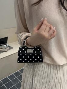 Mini sac à main et sac à bandoulière à rabat verrouillable de style mode minimaliste à motif pois, sac fourre-tout avec imprimé à pois et motif de rouge à lèvres de style français, mini sac de ville, de soirée, polyvalent - Noir - Voir 3