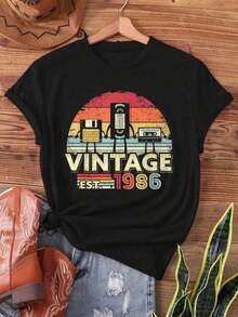 Camiseta Vintage de Cumpleaños 1986 para Mujer - Celebración del 40º Cumpleaños con Estampado del Año de Nacimiento 1986, Top Casual de Manga Corta y Cuello Redondo para 1986, Outfits de Primavera y Verano, Regalo de 40 Años para Mujeres - Negro - Ver 8