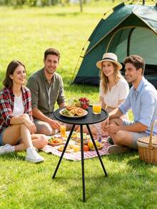 1pc Modern Folding Round Edge Table, Portable Metal & Plastic Tea Table With Height Adjustment, No Electricity Required, Suitable For Home Decor And Outdoor Use - Multicolor - View 8