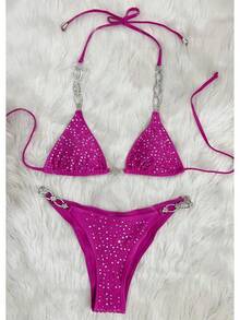 Bikini 2026 Nuevo Modelo Sexy con Rhinestone Dividido Traje de Baño de Mujer unicolor con Tirantes - Negro - Ver 8