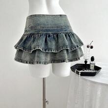 Nana's Women's Clothing Store  Minifalda de mezclilla con volantes en el bajo de unicolor para mujer - Caqui - Ver 3