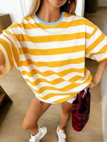 Retro American Yellow & White Striped Short Sleeve T-Shirt For Women, Loose Fit Slimming Round Neck Casual Versatile Tee Suitable For Summer, Beach, Vacation, School, Office, Daily Wear, Date Night - Multicolor - View 1