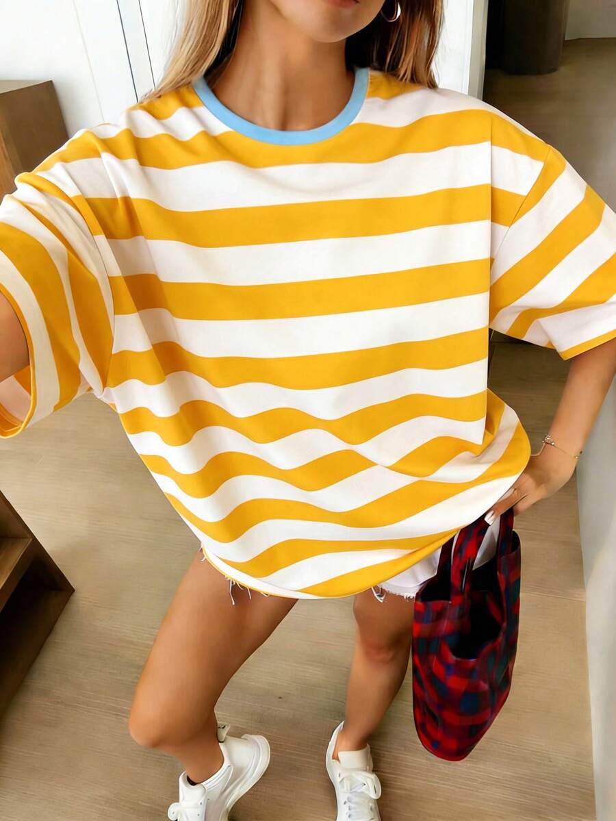 Retro American Yellow & White Striped Short Sleeve T-Shirt For Women, Loose Fit Slimming Round Neck Casual Versatile Tee Suitable For Summer, Beach, Vacation, School, Office, Daily Wear, Date Night - Multicolor - View 1