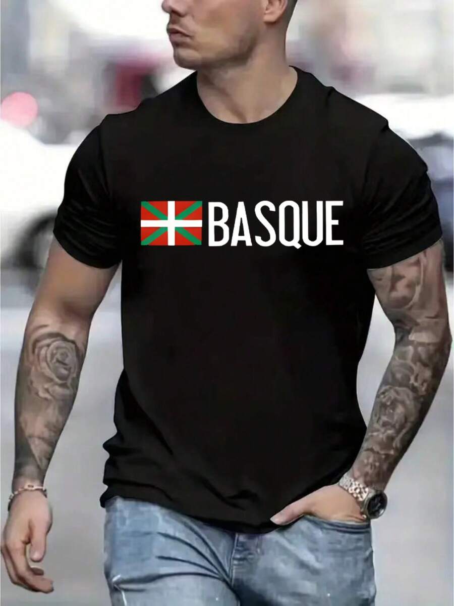 Camiseta para hombre con estampado de letras vasotas - fibra de poliéster ligera y transpirable, ropa cómoda para el verano y actividades al aire libre - lavable a máquina. Estampado de letr - Negro - Ver 1