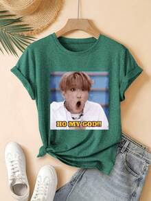 Oh My God Face Digital Print Short Sleeve Unisex Pure Cotton Loose And Comfortable - 綠色 - 查看 7
