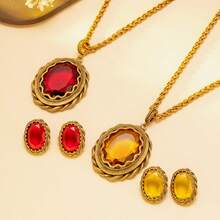 Conjunto de collar con colgante ovalado y aretes de cadena trenzada estilo palacio retro, lujoso y versátil - Multicolor - Ver 9