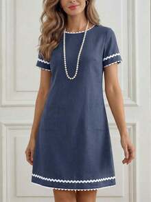 Vestido mini para el Día de la Madre, Vestido de verano para mujer, Conjunto de vacaciones para mujer, Conjunto de vacaciones para mujer, Conjunto de vacaciones para mujer, Conjunto de playa para mujer, Vestido nuevo con empalmado de cinta azul marino - Azul marino - Ver 5