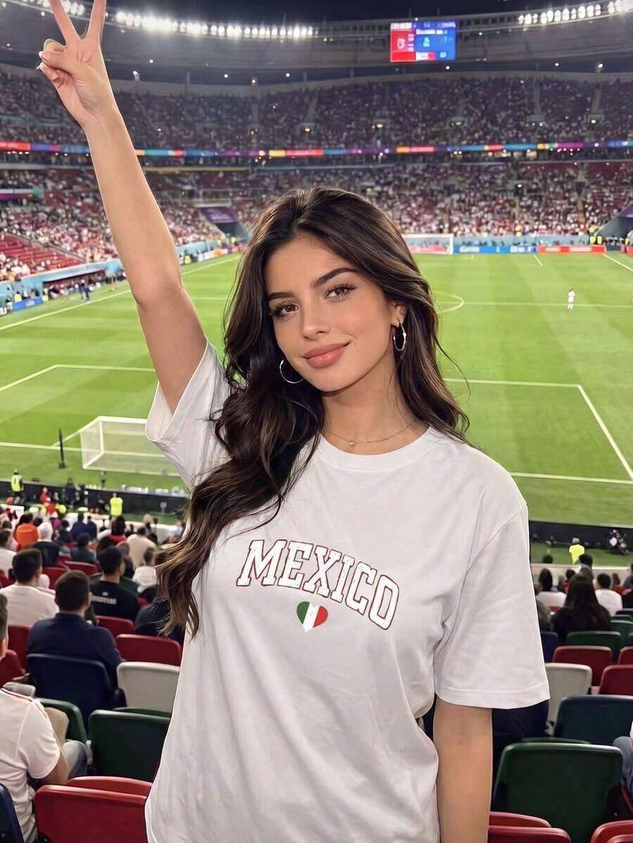 Women's Mexico Football Jersey With Heart Flag - Sporty Style Oversized Green Y2K Football Motif V Neck Short Sleeve - 白色-2 - 查看 1