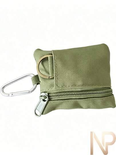 军绿色帆布钥匙扣袋 - 耐用拉链零钱包，带登山扣，适合户外/EDC