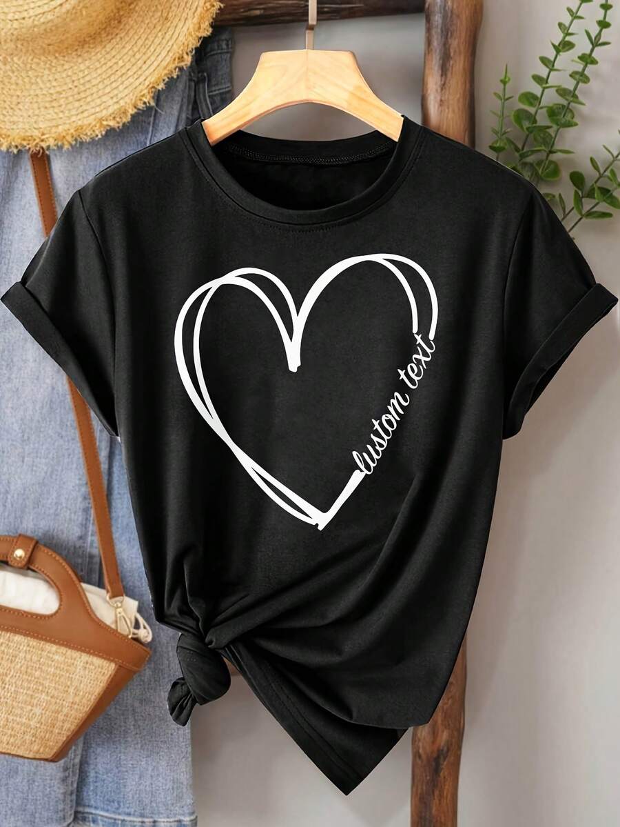 Camiseta Deportiva Casual para Mujer de Manga Corta Negra con Diseño de Corazón y Texto - Camiseta Elástica de Cuello Redondo, Lavable aáquina, Ajuste Cómodo para Todas las Estaciones, Perfecta para el Uso Diario. - Negro - Ver 1