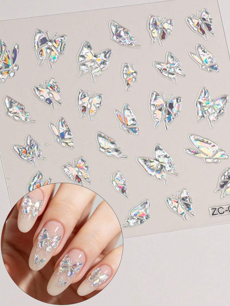 1pc 5D Jelly Embossed Nail Stickers, Crystal Laser Butterflies Spring/Summer Nail Decals, Easy To Use, Suitable For Women's Home DIY Manicures. - Multicolor - View 1
