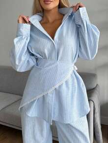 Women'S Casual Striped Button-Down Long-Sleeved Collared Shirt And Loose Wide-Leg Trousers Two-Piece Set, Autumn Women'S Clothing - 藍色 - 查看 3