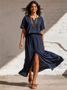 Elegant Minimalist Dark Linen Vacation Set, Navy Blue Notched Collar Loose Top And Front Slit Long Skirt Vacation Outfit - Navy Blue - View 6