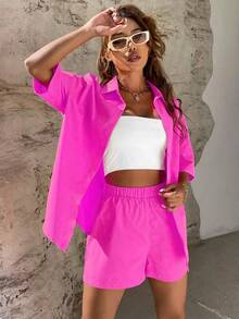 Solid Color Shirt With Dropped Shoulder Buttons & Shorts - Fuchsia Pink - View 5