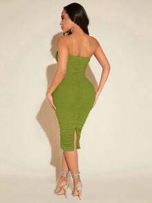 xheRadiana Vestido de punto de corte en V profundo con tirantes finos y ajustado hasta la rodilla para mujerxhe - Verde - Ver 2