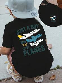 Fashionable Short-Sleeved T-Shirt With Front And Back Prints For Children Aged 1-14 Years, "A Child Who Loves Airplanes", A Comfortable And Versatile T-Shirt For Everyday Wear - 黑色 - 查看 1