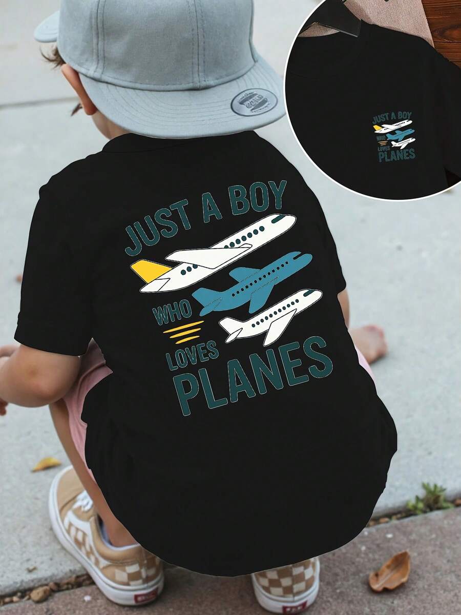Fashionable Short-Sleeved T-Shirt With Front And Back Prints For Children Aged 1-14 Years, "A Child Who Loves Airplanes", A Comfortable And Versatile T-Shirt For Everyday Wear - 黑色 - 查看 1