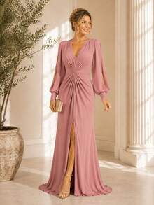 Bridesmaid Dress For Parties, Guests, Receptions, Graduations, Without Glitter, Long Sleeves, Sheer Fabric, And A Slit. - Rusty Rose - View 1