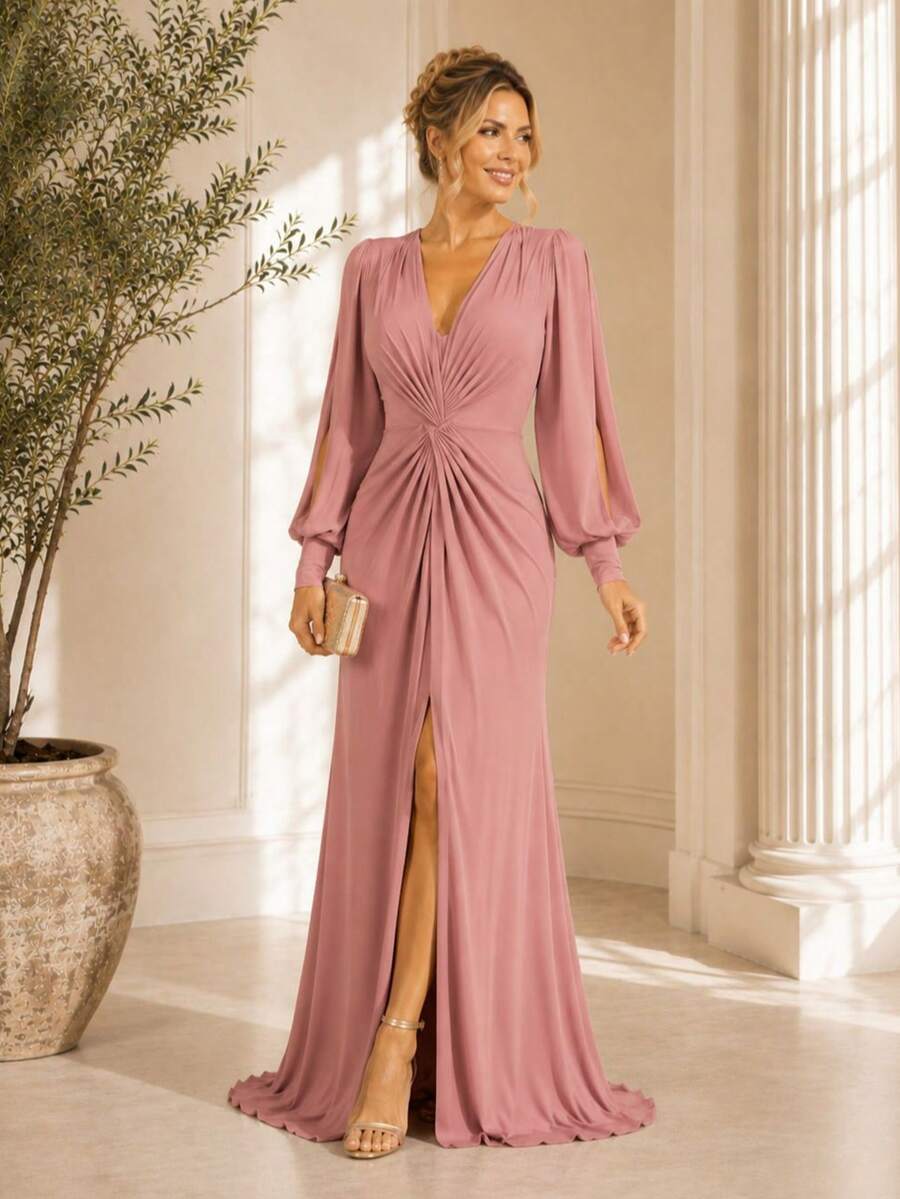 Bridesmaid Dress For Parties, Guests, Receptions, Graduations, Without Glitter, Long Sleeves, Sheer Fabric, And A Slit. - Rusty Rose - View 1