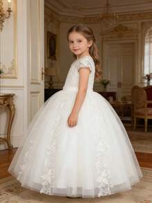 Tween Girls White Lace Mesh Puff Dress, Short Sleeve Sheer Shoulder Flower Girl Princess Dress - White - View 3