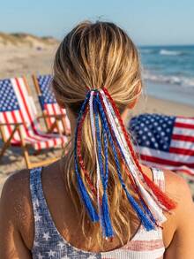 1 pieza Lazo para el cabello patriótico rojo, blanco y azul - Adornado con borlas trenzadas y lentejuelas, este lazo para el cabello muy elástico agrega un toque de brillo al cabello. Ligero y reutilizable, es un accesorio para el cabello ideal para mujeres, perfecto para peinados festivos DIY y ideal para el 4 de julio Día de la Independencia, Memorial Day, desfiles patrióticos, barbacoas de verano, conciertos, fiestas y todo tipo de celebraciones con temática estadounidense. - multicolor - Ver 5